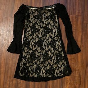 Beautiful Lace Black Dress Tan Under - Bell Sleeve